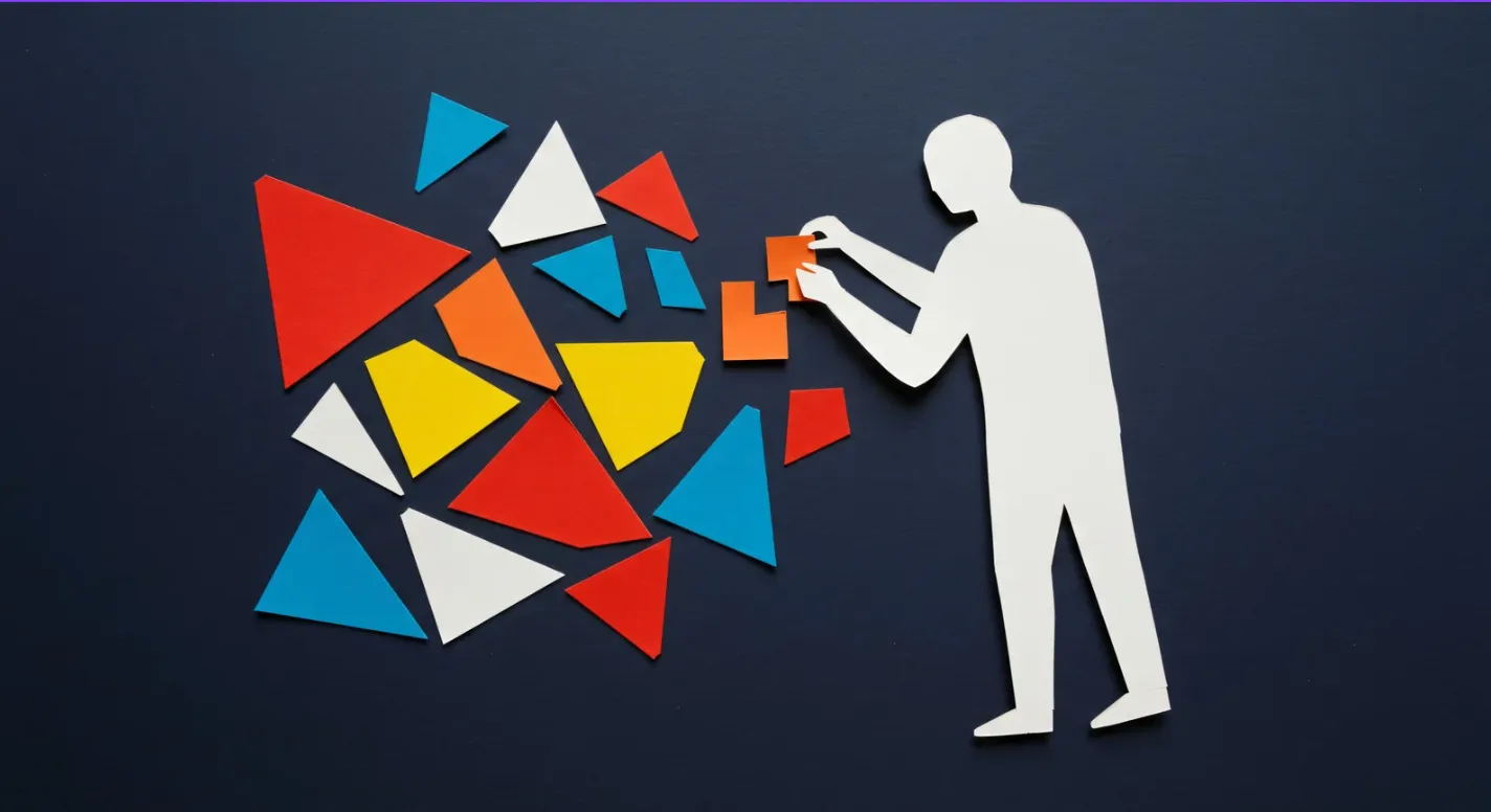 人がカラフルなパーツで創造している切り絵