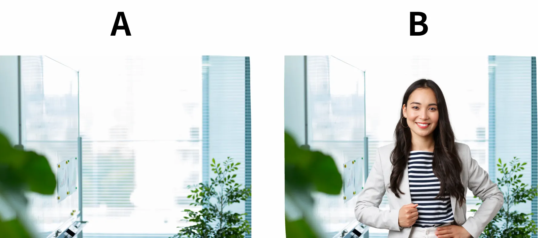 オフィスの画像とオフィスに女性がいる画像の比較